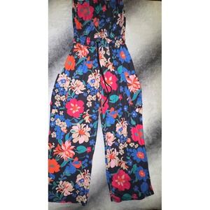 (CL) Feager Floral Wide Leg Strapless Jumpsuit M Black Pink Blue Cargo Pockets